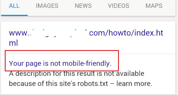 Houston Responsive Web Design - How it appears in the search results when a website isn't mobile-friendly. Google tags the website clearly in the search results, turning visitors away from the site.